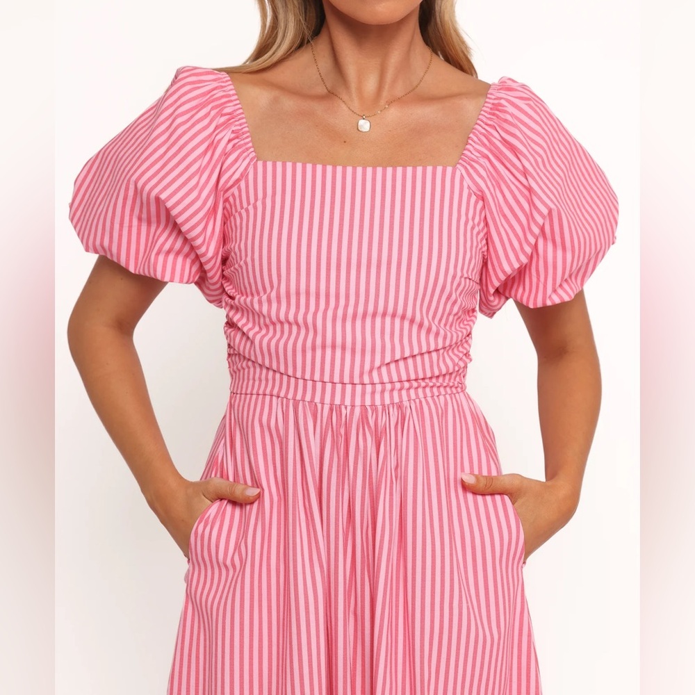 Petal & Pup Clo Puff Sleeve Midi Dress Pink Striped - Picture 3 of 8